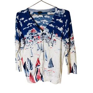 EUC Talbots Cream Sailboat Printed Cardigan Medium Petite